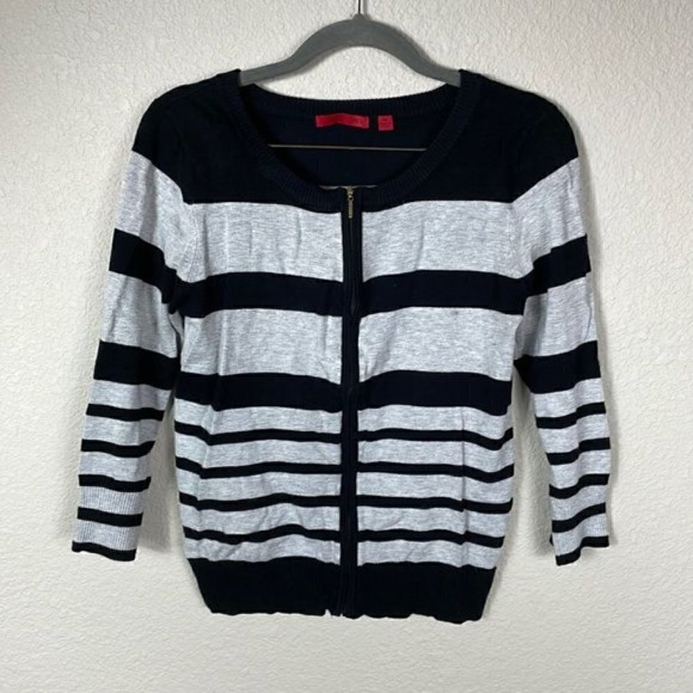 Red Full Zip Long Sleeve Striped Sweater Cardigan Black and Gray Sz M